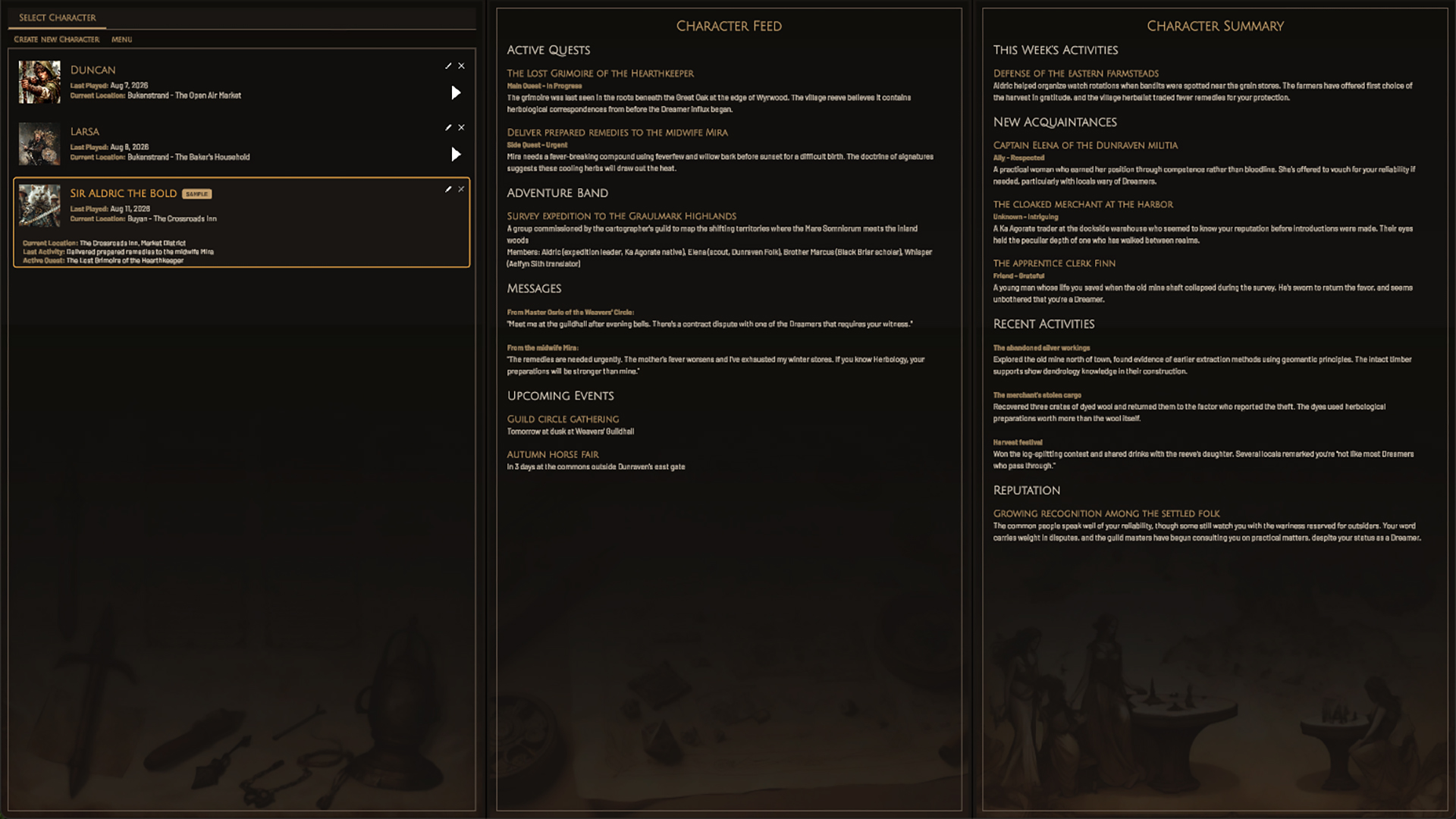 Active Quests & Character Feed