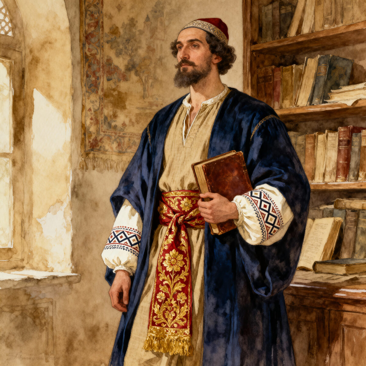 Scholar Holding Book Tapestry Study