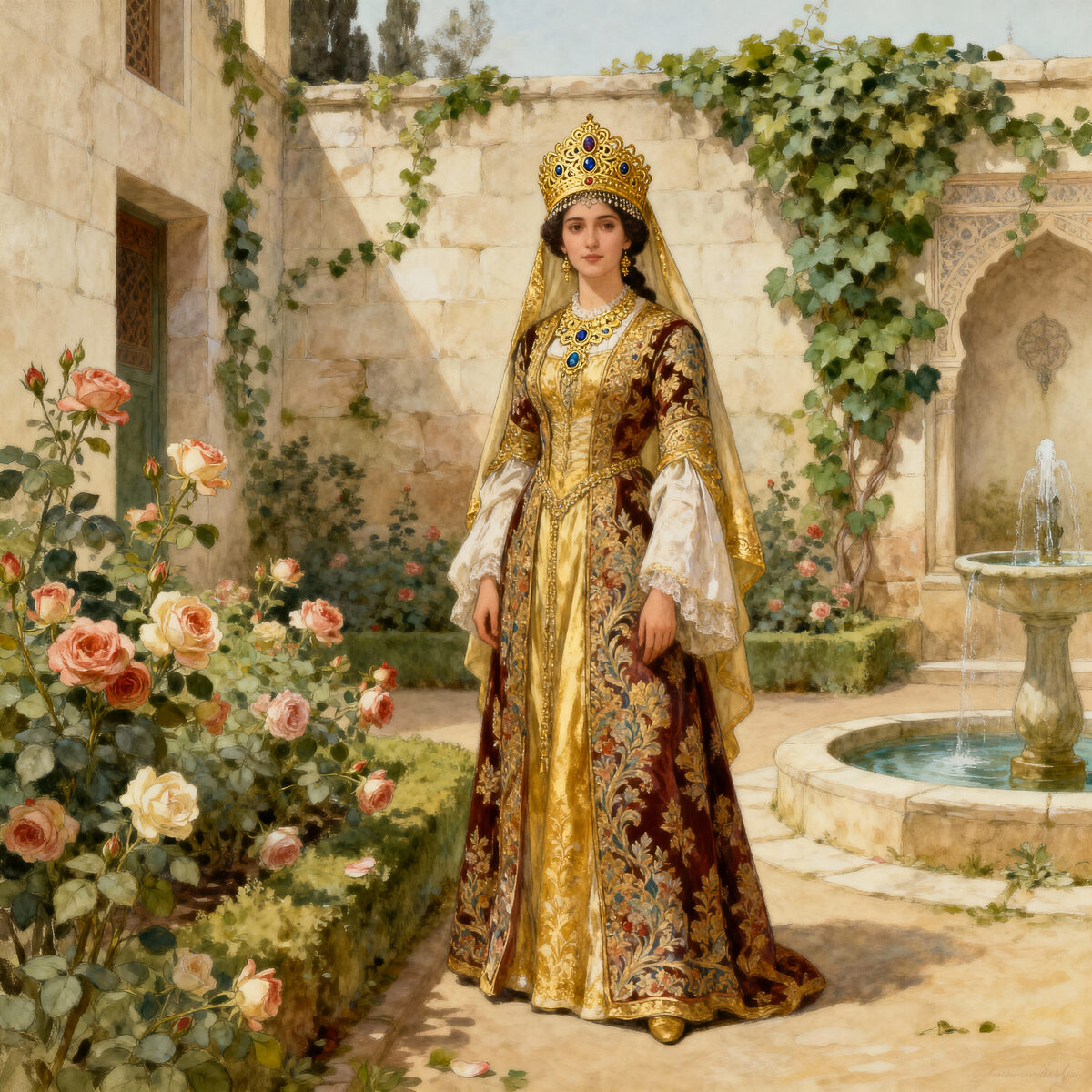 Noblewoman Crowned Stone Courtyard Fountain
