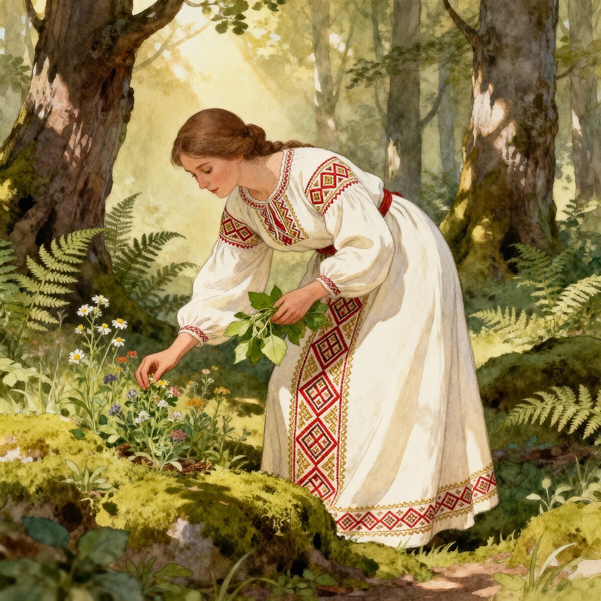 Girl Gathering Herbs Sunlit Forest