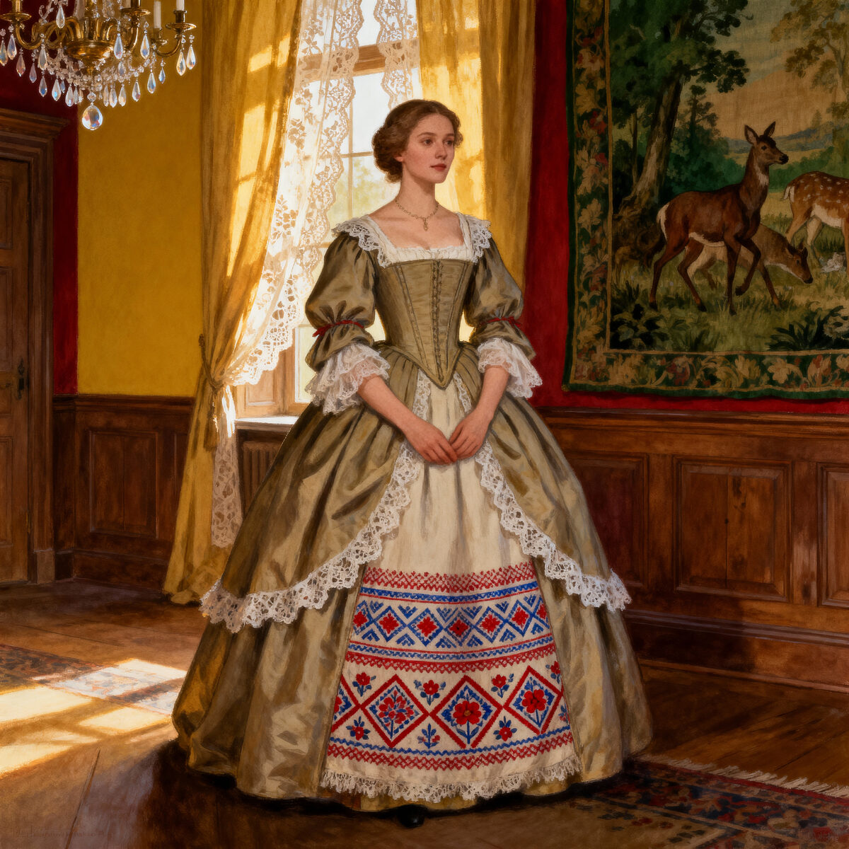 Noblewoman Ballgown Wood Paneled Parlor Tapestry