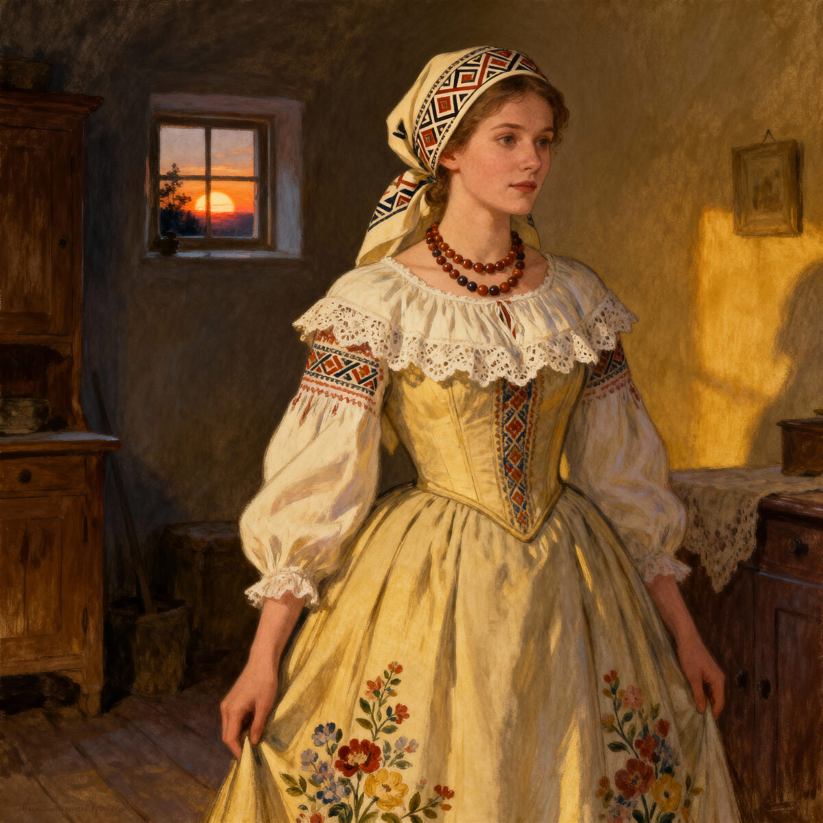 Young Woman Sunset Cottage Interior