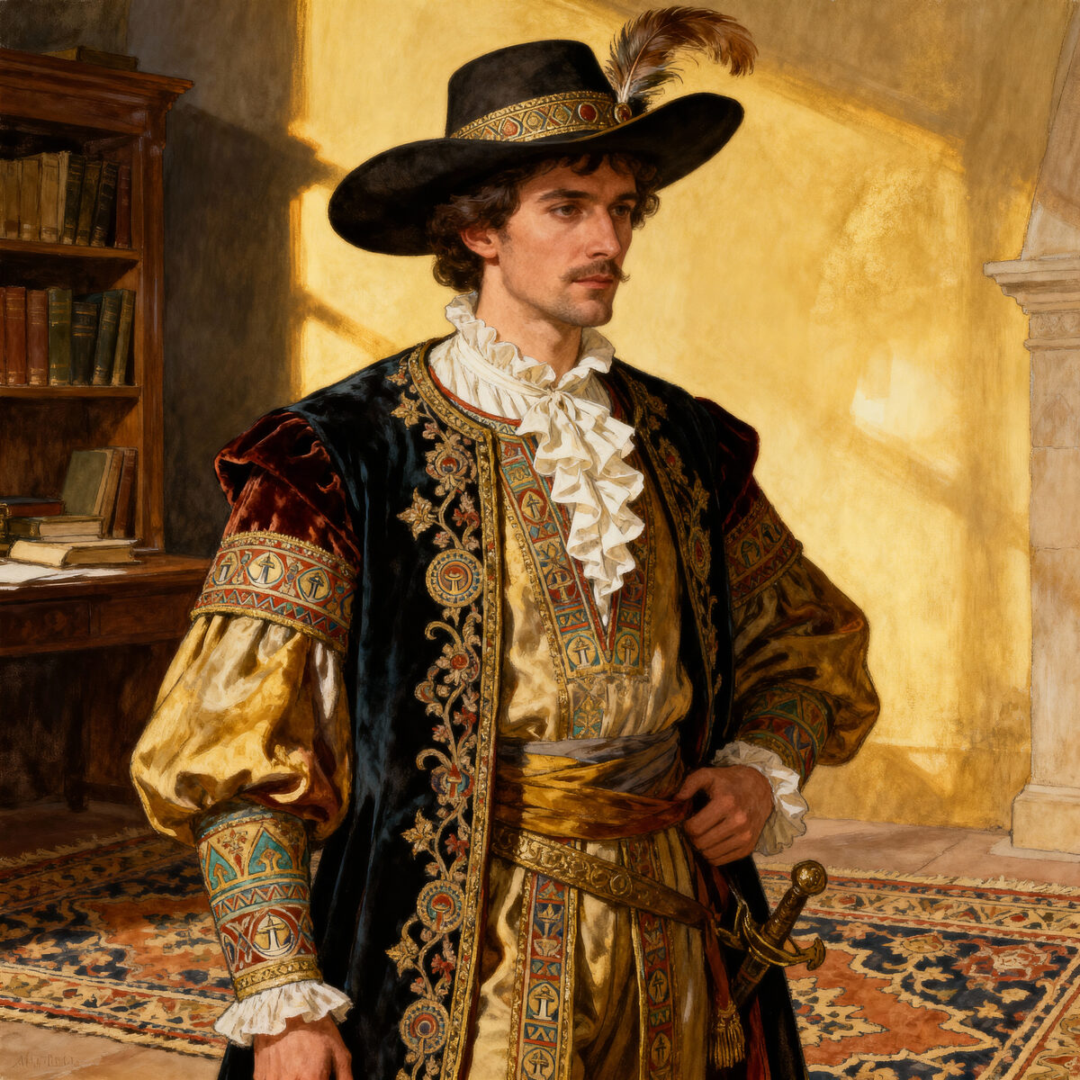 Gentleman Velvet Coat Feathered Hat Library