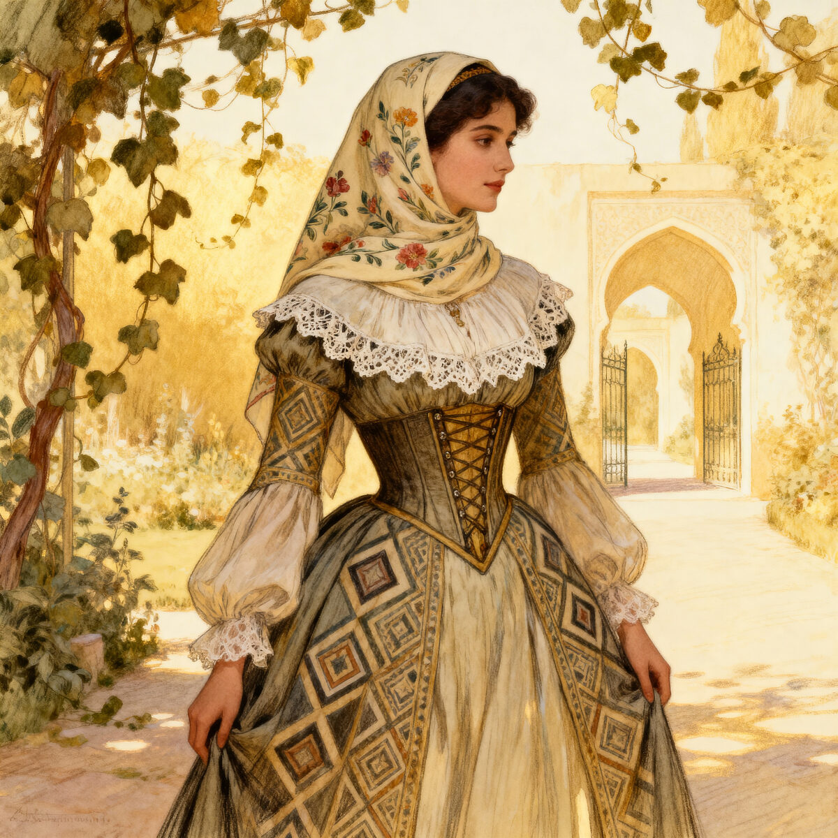Woman Headscarf Vine Archway Gate