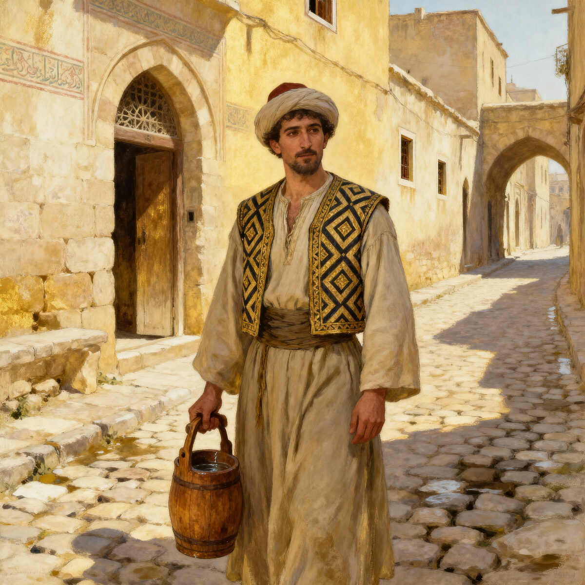 Laborer Bucket Sandstone Alley Arched Doorways